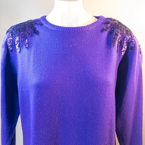 Vintage 80’s Plain Jane Purple Large Dress Sequin Sweater Shift Midi Fun Retro - Picture 4 of 11